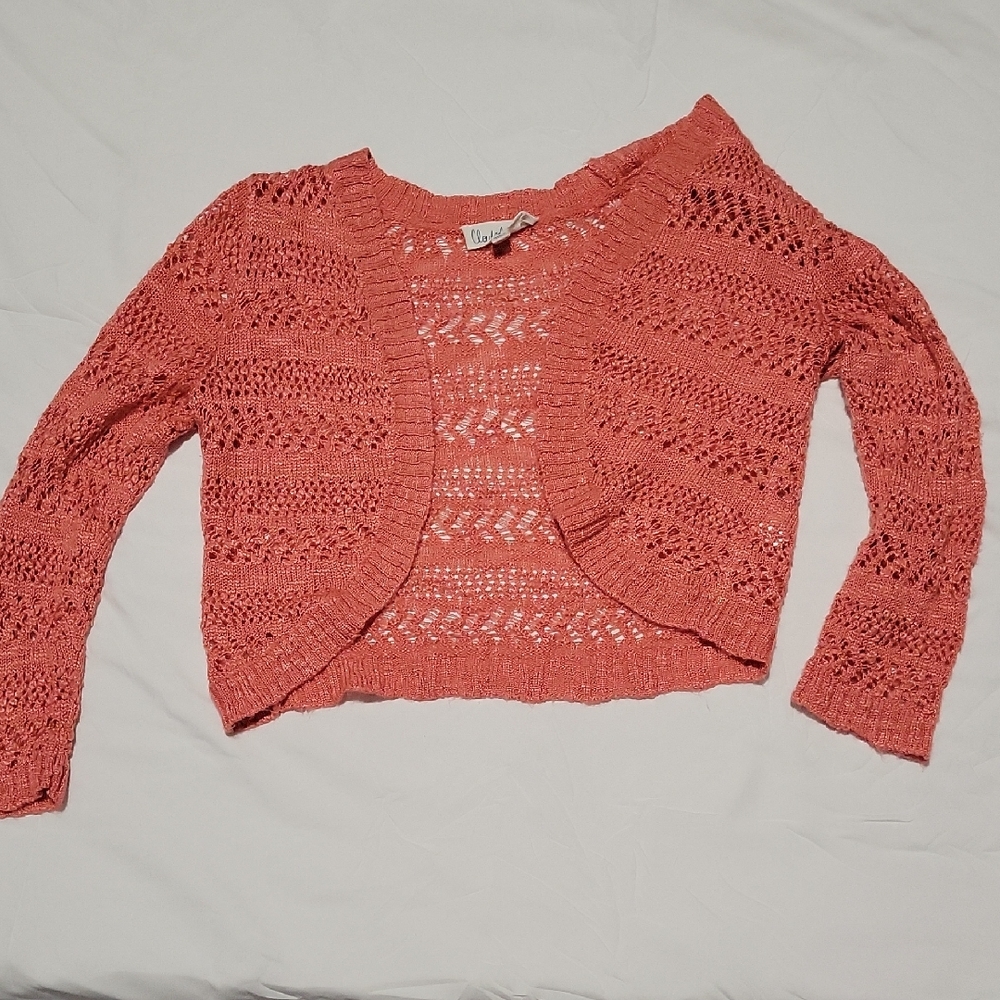 Cloud Chaser Coral Open-Knit Cropped Cardigan.